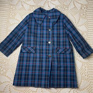 Vintage 1960s Girls 5-6 Years Blue Plaid Dagger Collar Midweight Pea Coat